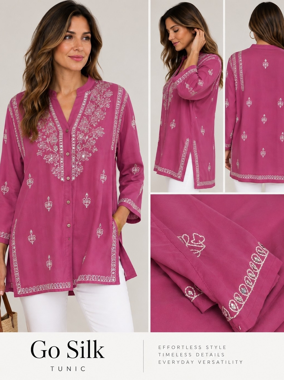 Go Silk Magenta Embroidered Tunic